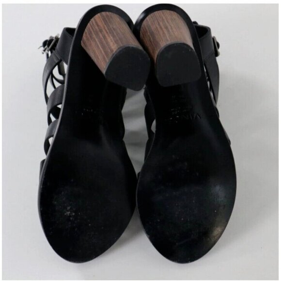 Vince Sandals Caged Strappy Nicolette Womens 8M 38 Black Leather Block High Heel - Picture 13 of 16